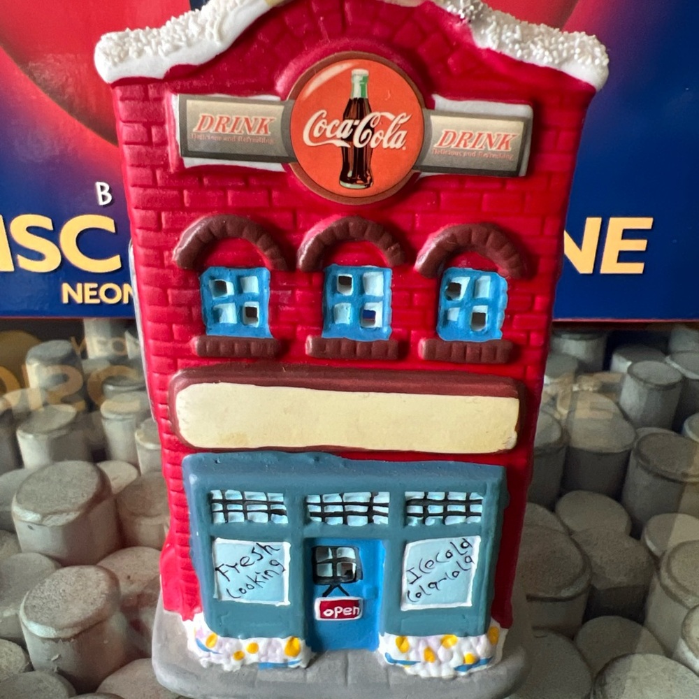 Coca-Cola Ceramic Red and Blue Collectible Candle Building